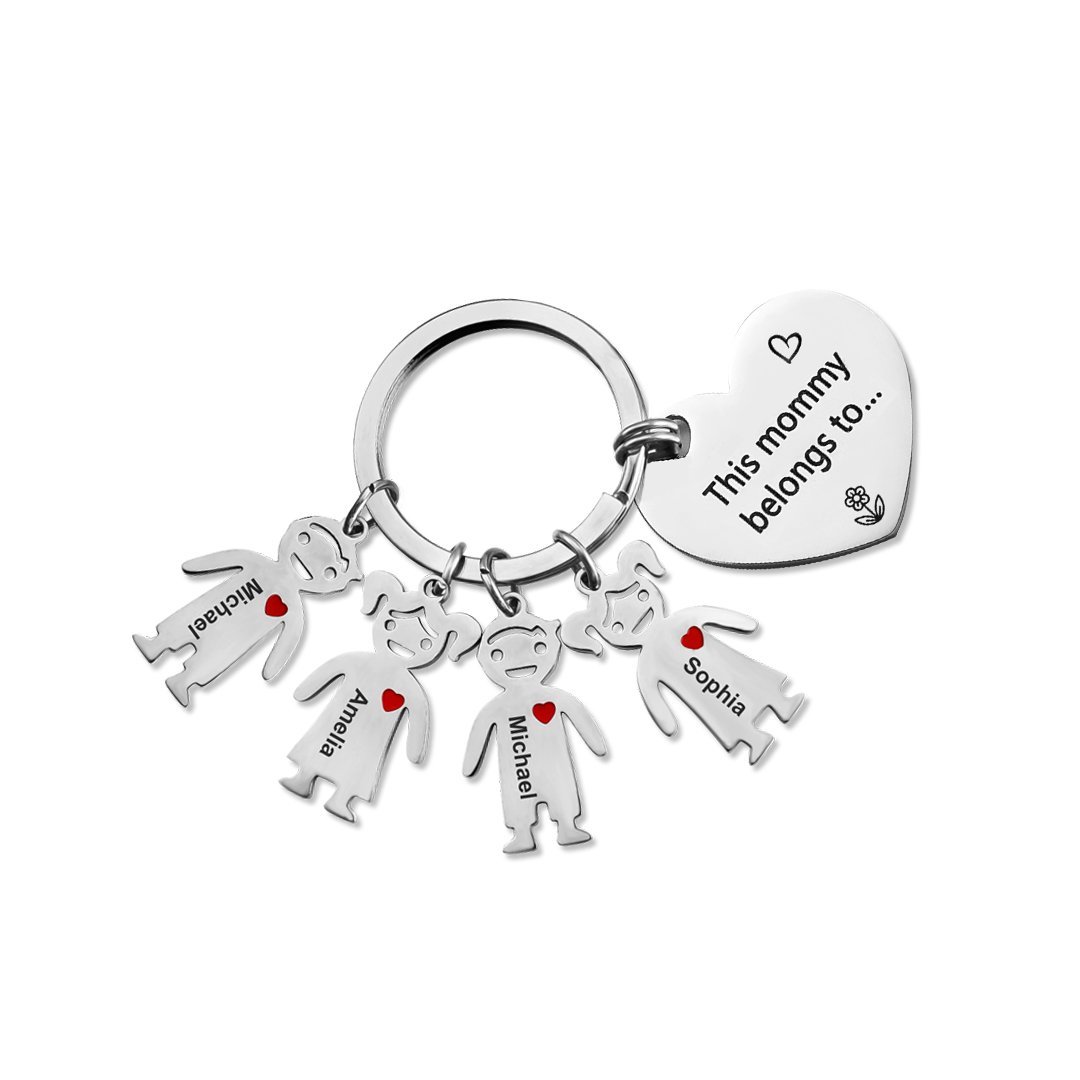 Mother's Day Gifts Personalized Heart Keychain With 4 Kid Charms "This Mommy Belongs to" For Her