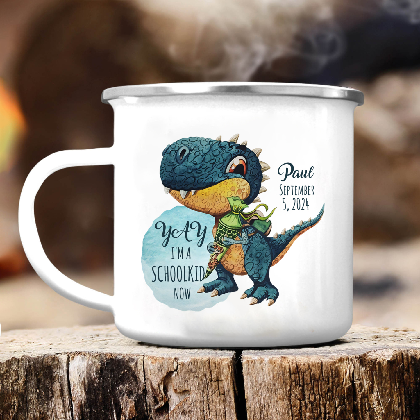 Back to School Gift Set -Personalized Gift Customized Name and Date Enamel Mug and Pueple Dinosaur Pencil Case and Dinosaur Bracelet Set - Gift for Kids