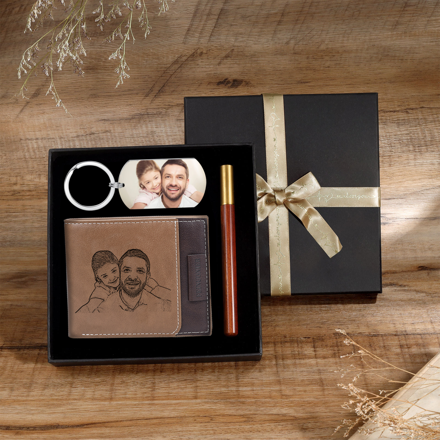 Personalized Leather Wallet Gift Box Set Keychain Strap Customizable 2 Photos and 2 Text Gift for Him