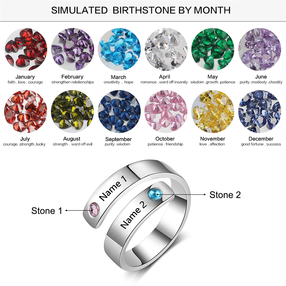 Personalized Ring With 2 Birthstones Engraved Names Ring Gift For Women