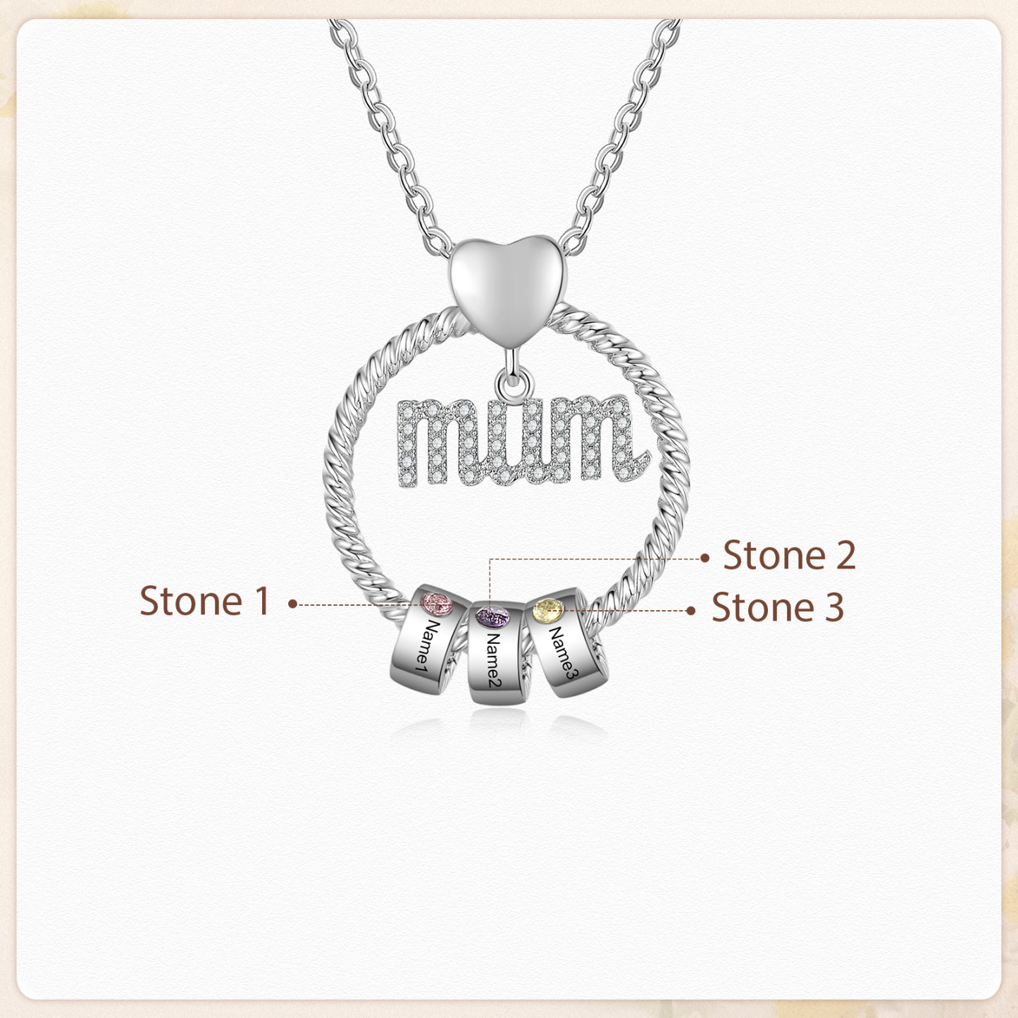 Personalized Circle Necklace With 3 Birthstones Pendant Engraved Names Gift For Mum