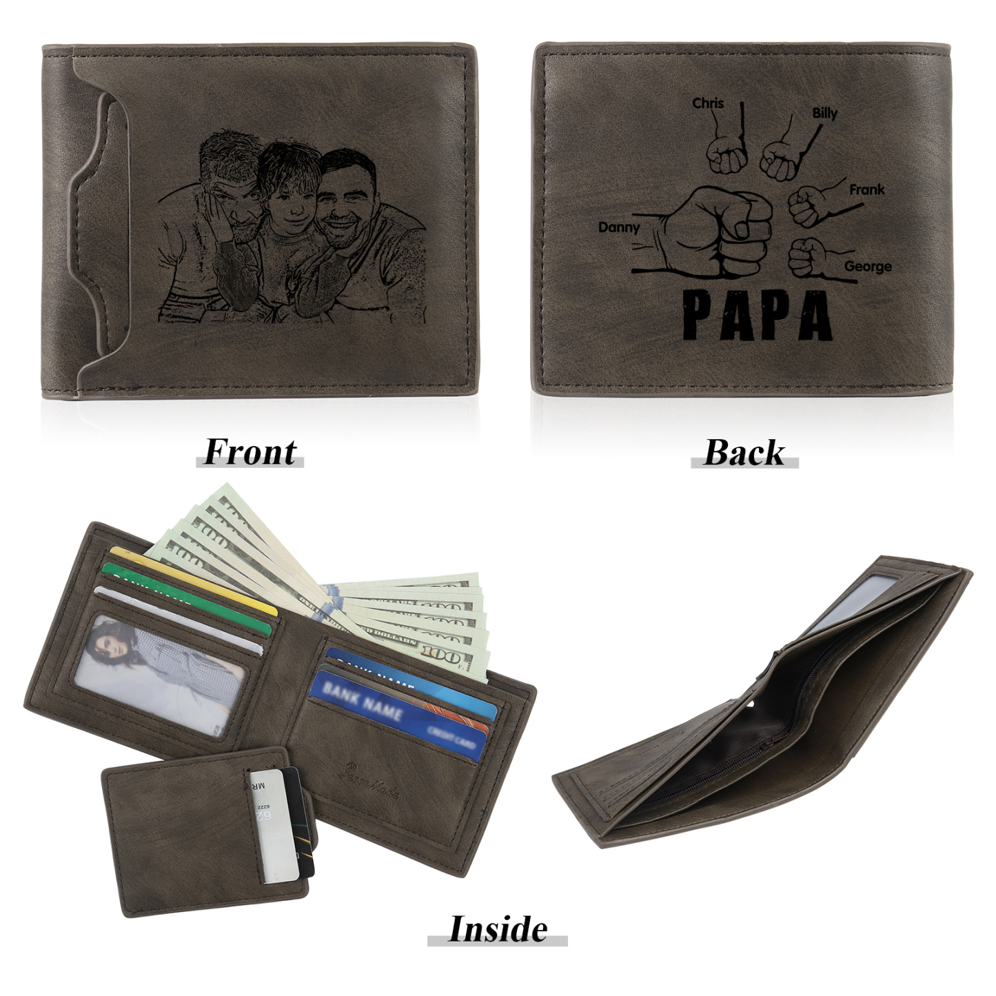 5-Names Personalized Leather Men's wallet With Card Slot Engraved With Name And Photo For Papa As a Father's Day Unique Gift