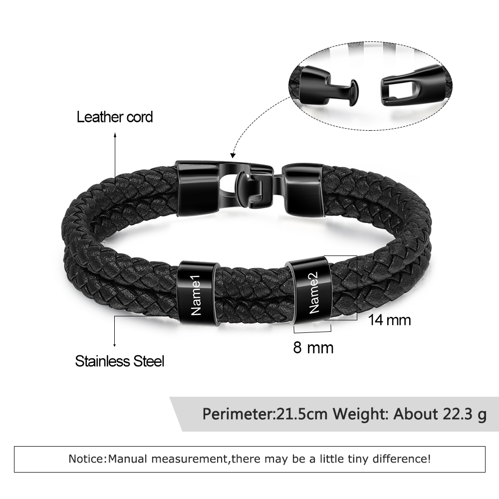 Personalized Braided Leather Bracelet Engraved 2 Names Men's Bracelet for Him
