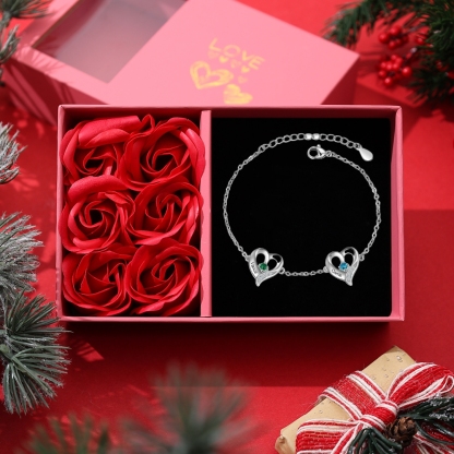 1-7 Names-Personalized Silver Heart Bracelet With Birthstones Bangle Engraved Names Bangle For Her | Jessemade