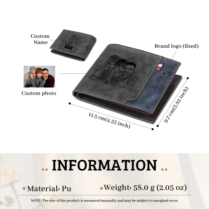 4 Names - Personalized Photo Custom Leather Men's Folding Wallet as a Father's Day Gift for Dad