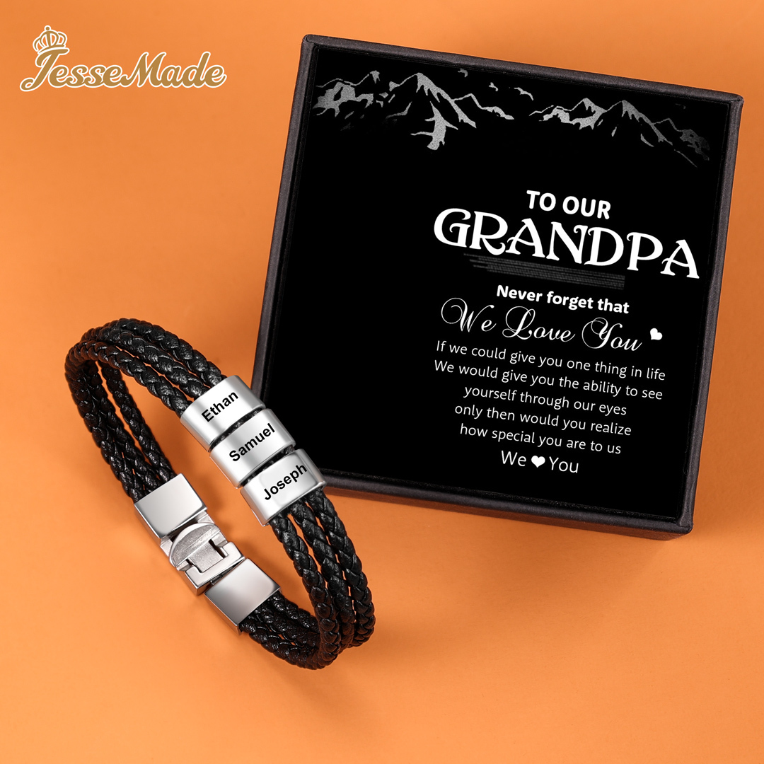 Personalized Braided Leather Bracelet Engraved 3 Names Men's Bracelet Gifts For Him