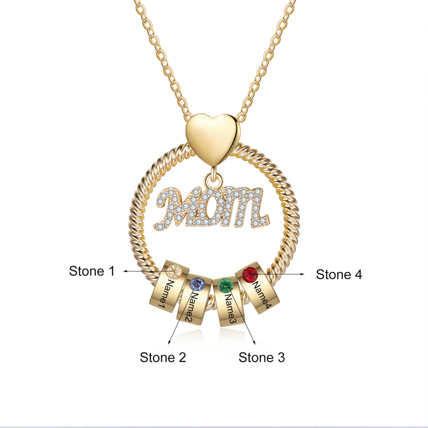 4 Names-Personalized Mom Necklace Set With Premium Rotating Rose Flower Gift Box-Custom Necklace With 4 Birthstones Engraved Names Gift For Mother