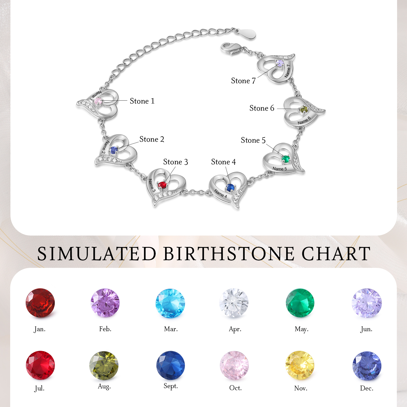 7 Names-Personalized Heart Bracelet With 7 Birthstones Engraved Names Bangle For Her