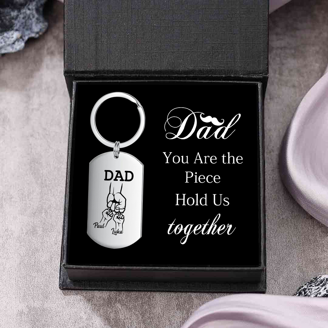 2 Names - Customized Dad Fist Keychain Set l Gift Box with Gift Card for Dad