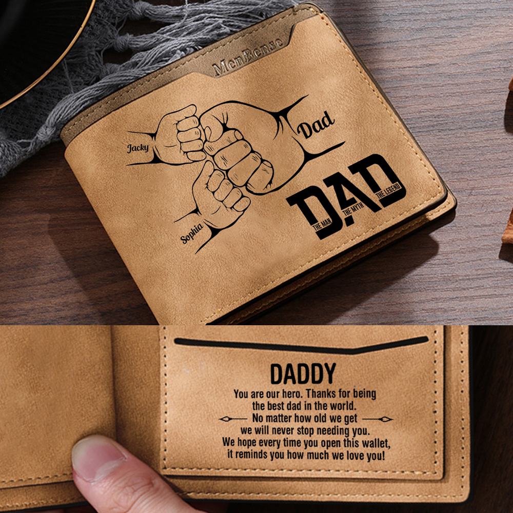 3 Names - Personalized Fist Bump Pattern Custom Name Leather Men's Wallet as a Father's Day Gift for Dad