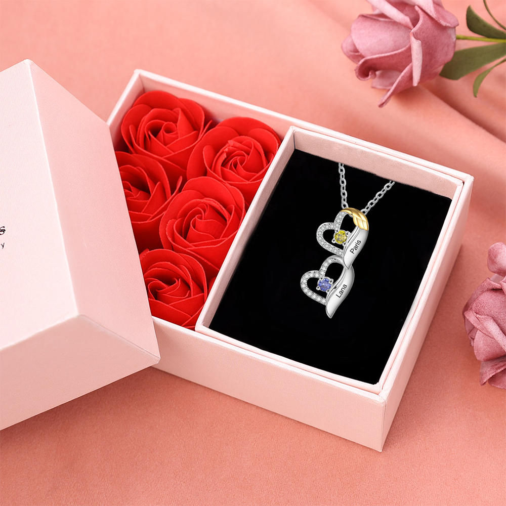 Personalized Heart Necklace, Customized 2 Names and 2 Birthstones Women's Pendant Necklace with Gift Box Gift for Grandma | Jessmade