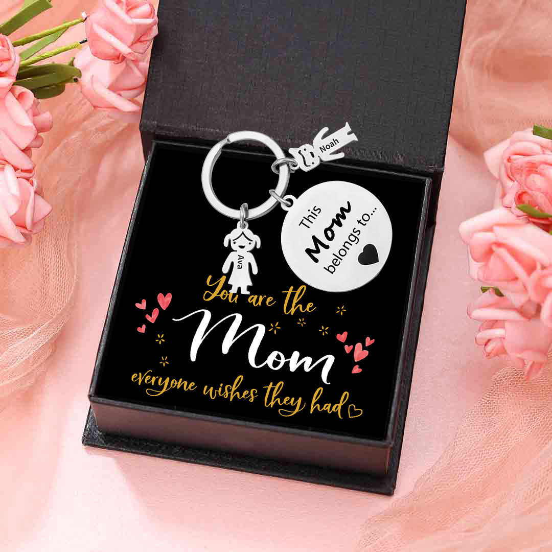 2 Names-This Mom Belongs to...Custom Keychain with Name & Text