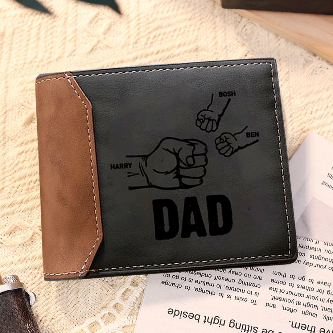 3 Names - Personalized Fist Bump Photo Custom Leather Men's Wallet Wit