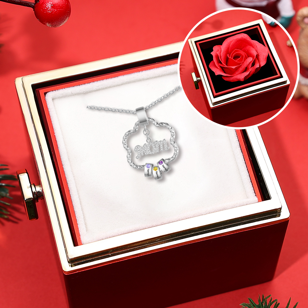 3 Names - Personalized Flower Necklace With 3 Birthstone Pendants Engr