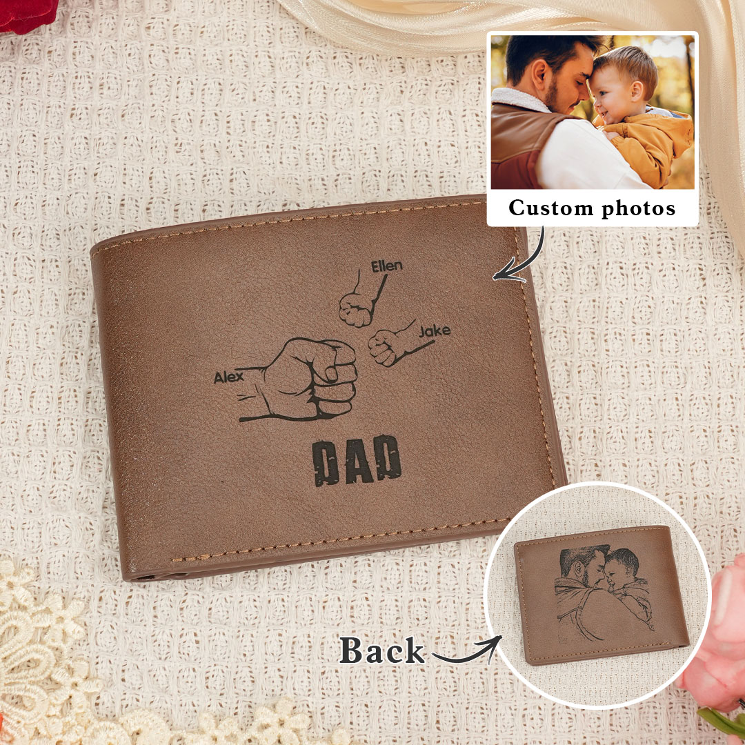 3 Names - Personalized Fist Style Leather Men's Wallet Custom Photo Wallet for Dad