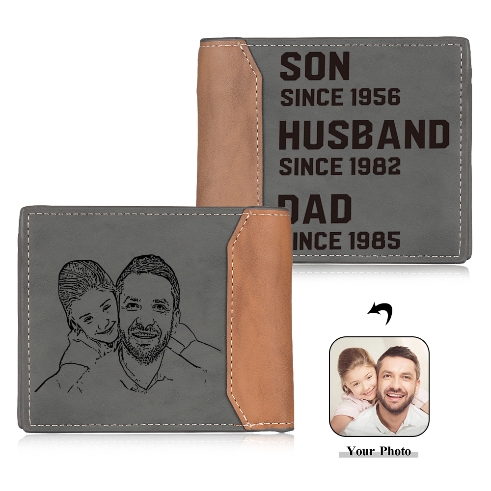 Personalized Photo Customized Leather Men's Wallet Customized with 3 Dates as Father's Day Gift for Dad
