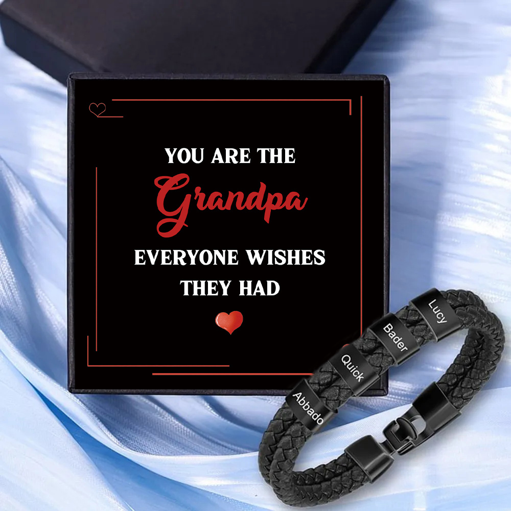 4 Names - Personalized Men's Bracelet Custom 4 Names Braided Leather Bracelet for Grandpa
