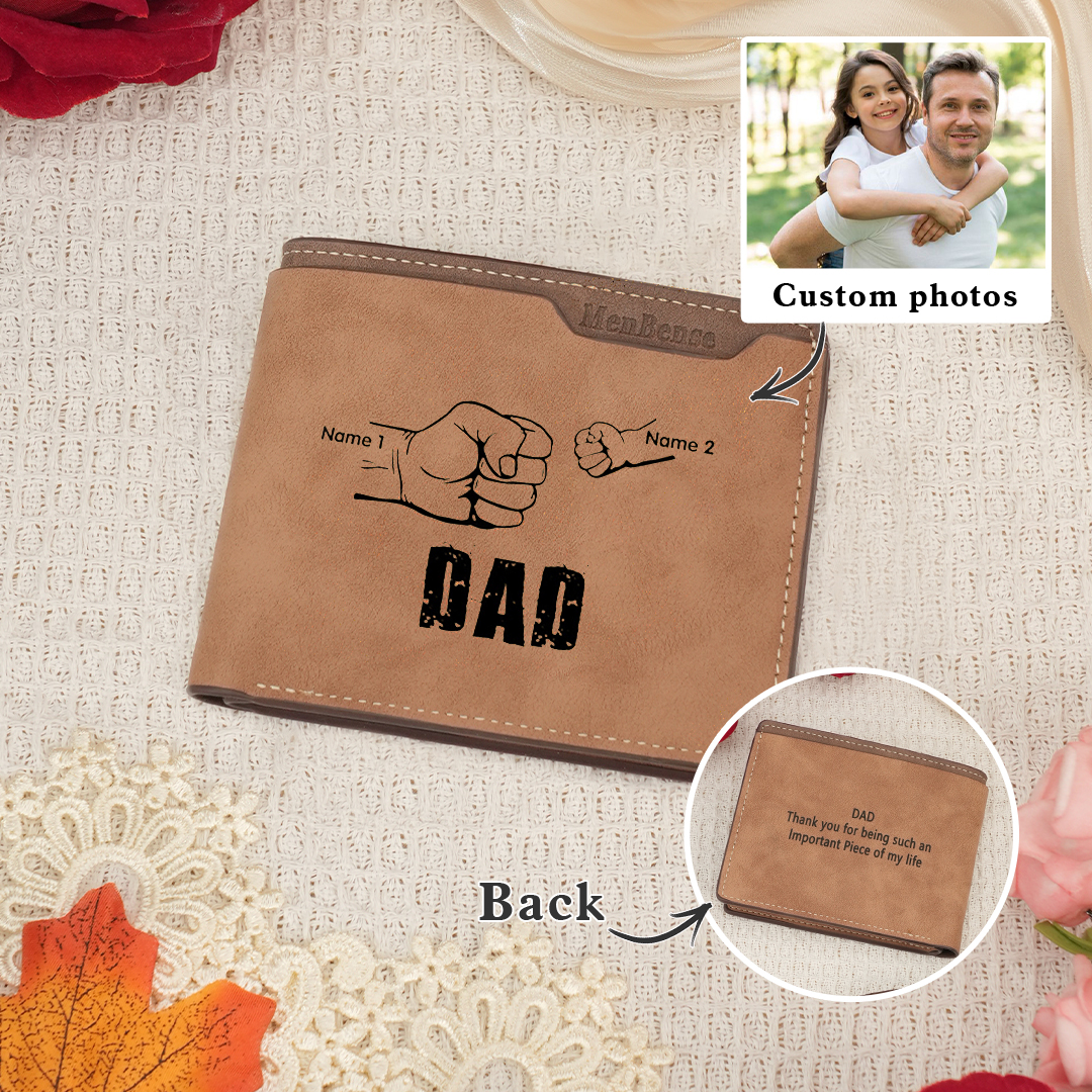 2 Names - Personalized Leather Men's Wallet Custom Photo Fist Fold Wallet for Dad