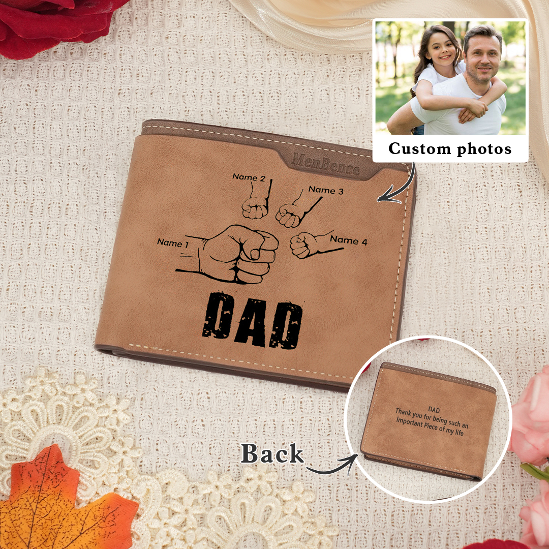 4 Names - Personalized Leather Men's Wallet Custom Photo Fist Fold Wallet for Dad
