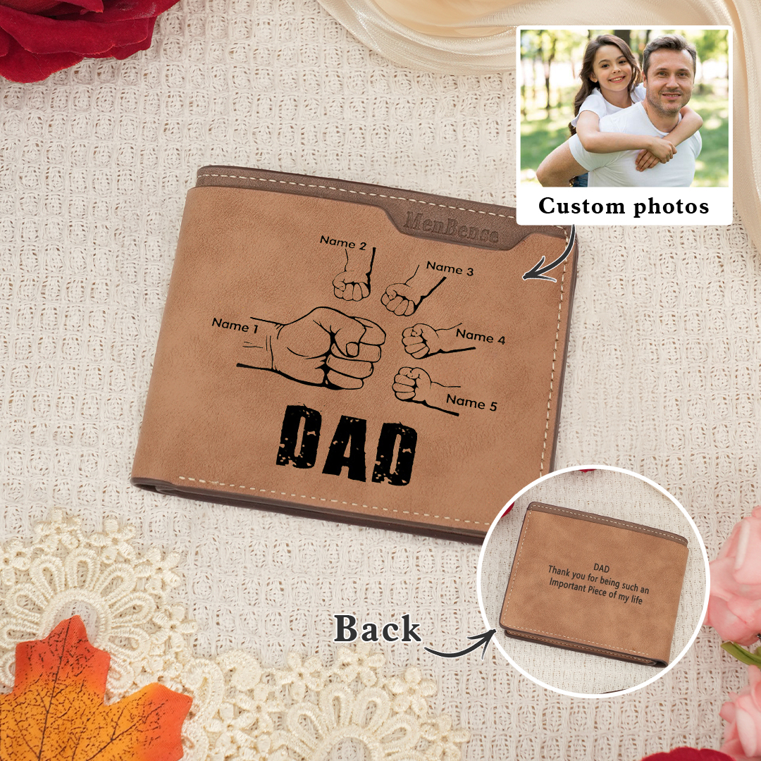 5 Names - Personalized Leather Men's Wallet Custom Photo Fist Fold Wallet for Dad