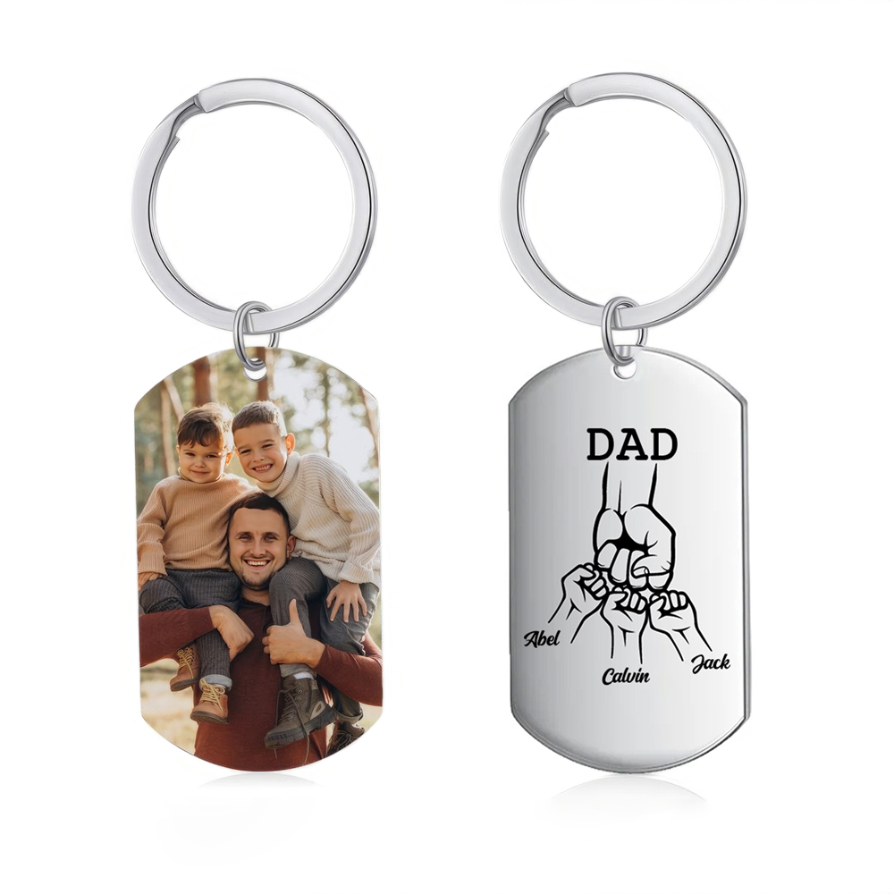 3 Names - Personalized Fist Pendant Keychain Gift Set - Customized Photo Special Gift for Dad