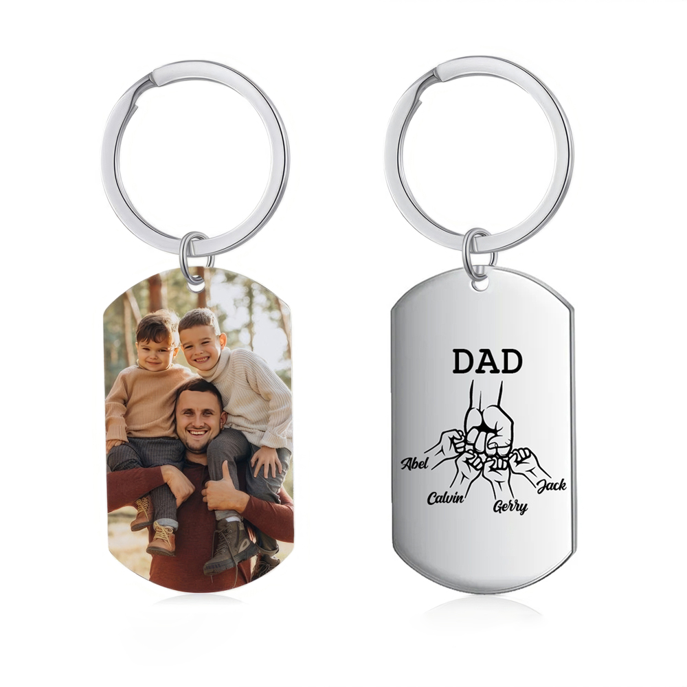 4 Names - Personalized Fist Pendant Keychain Gift Set - Customized Photo Special Gift for Dad