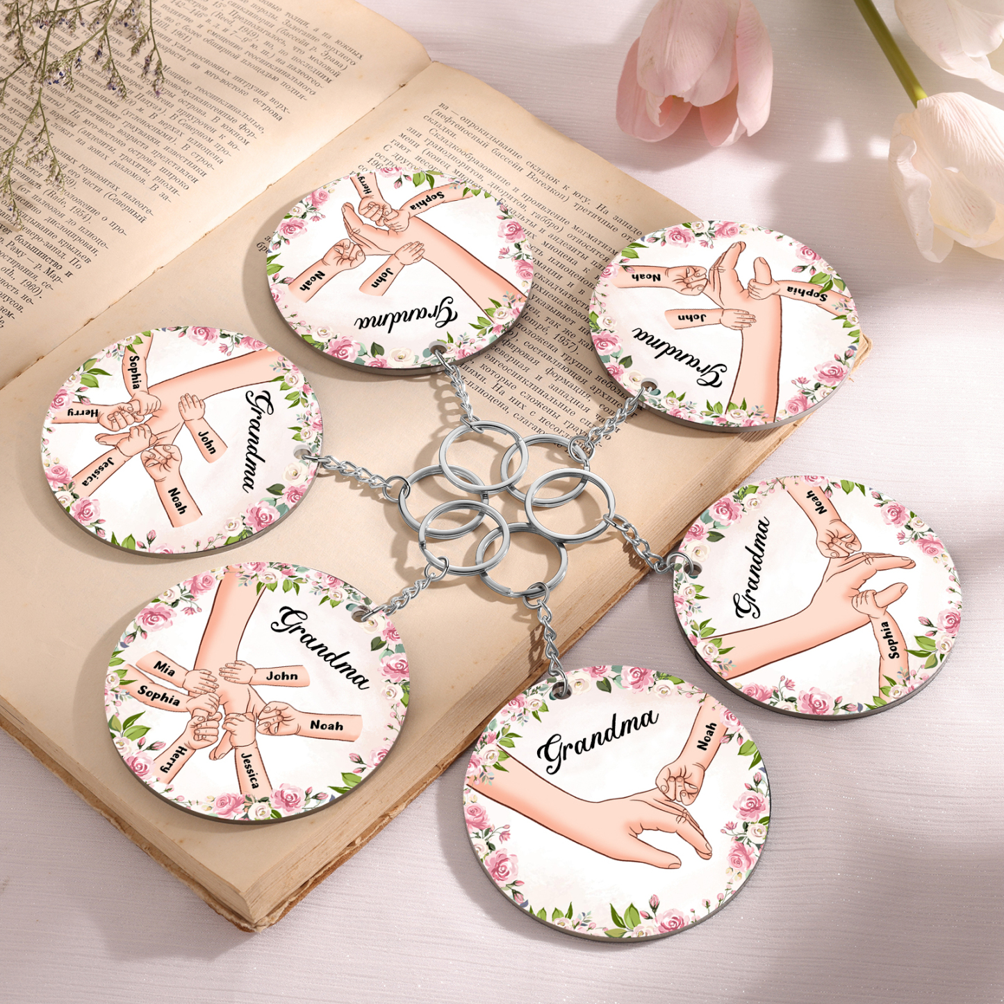 3 Names-Personalised Keychain Custom 3 Names and 1 Text Holding Hands Keychain for Grandma/Mom