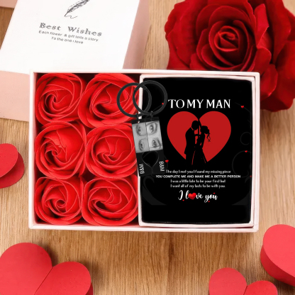 Personalized Eye Photo Heart Puzzle Keychain with 2 Photos and Initials Includes Gift Card and Luxury Gift Box for Couples Valentine's Day Gift Set