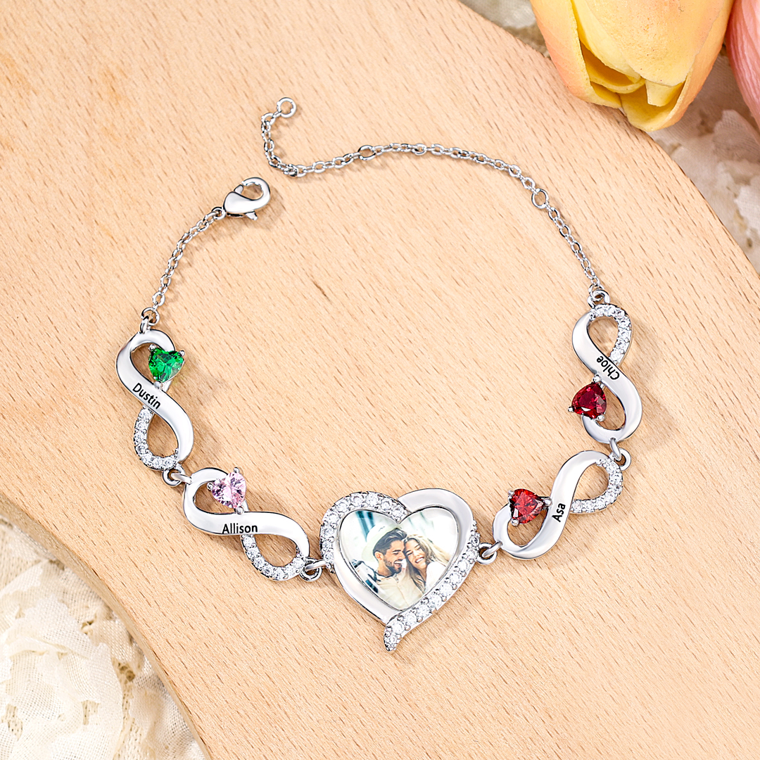 4 Birthstones & 4 Names & Photo - Personalized Birthstone Beautiful Bracelet Gift for Mom