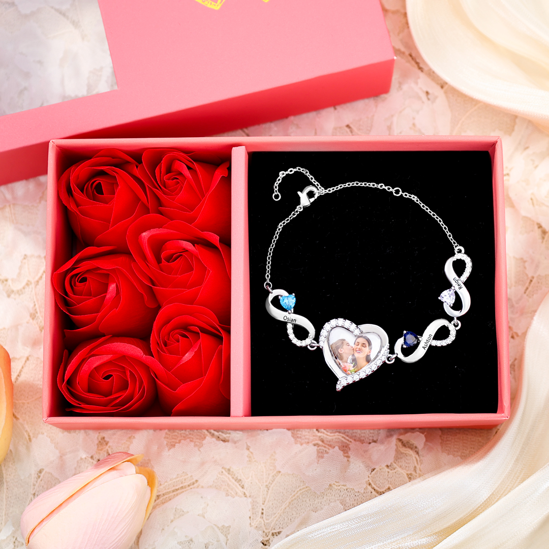 3 Birthstones & 3 Names & Photo - Personalized Birthstone Beautiful Bracelet Gift for Mom