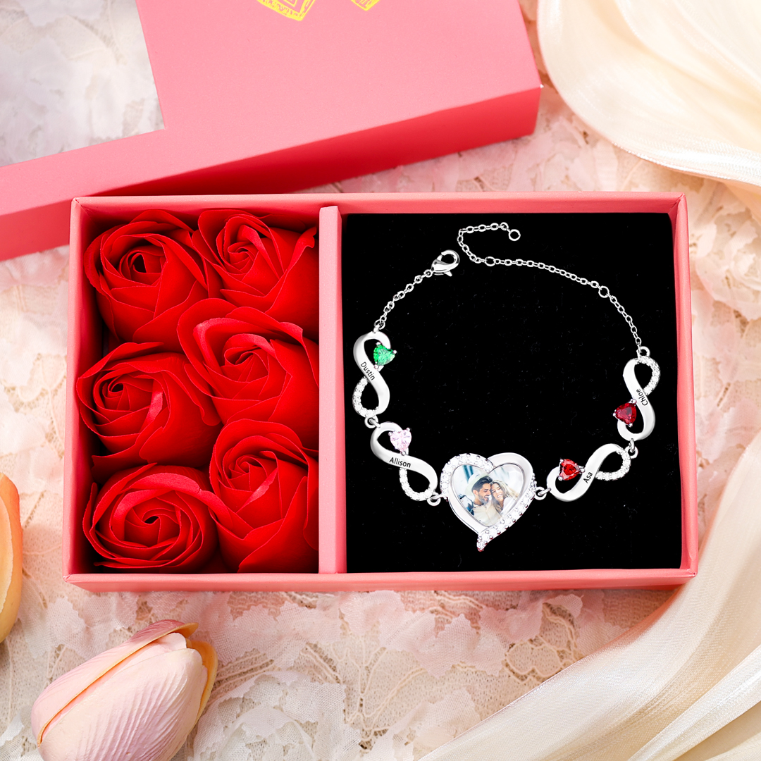 4 Birthstones & 4 Names & Photo - Personalized Birthstone Beautiful Bracelet Gift for Mom