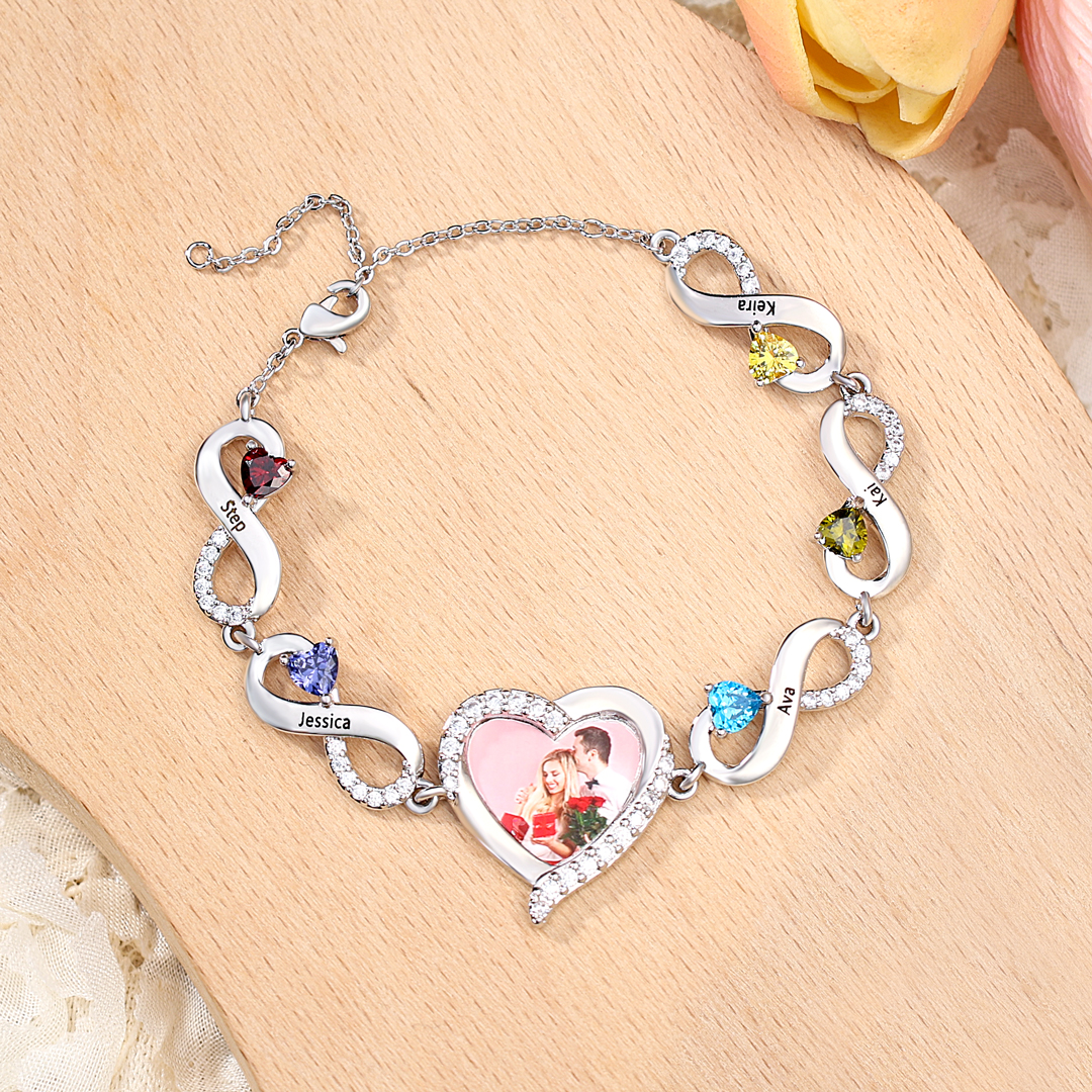 5 Birthstones & 5 Names & Photo - Personalized Birthstone Beautiful Bracelet Gift for Mom