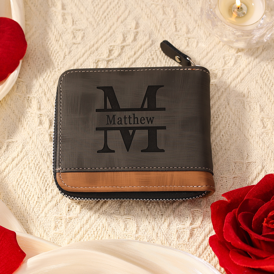 Personalized Name Leather Men's Zipper Wallet With Card Slot Engraved Letter And Photo Gift For Grandpa/Dad | Jessemade