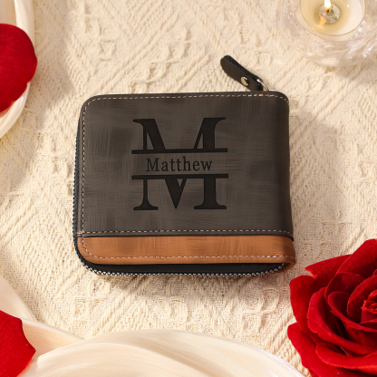 Personalized Name Leather Men's Zipper Wallet With Card Slot Engraved Letter And Photo Gift For Grandpa/Dad | Jessemade