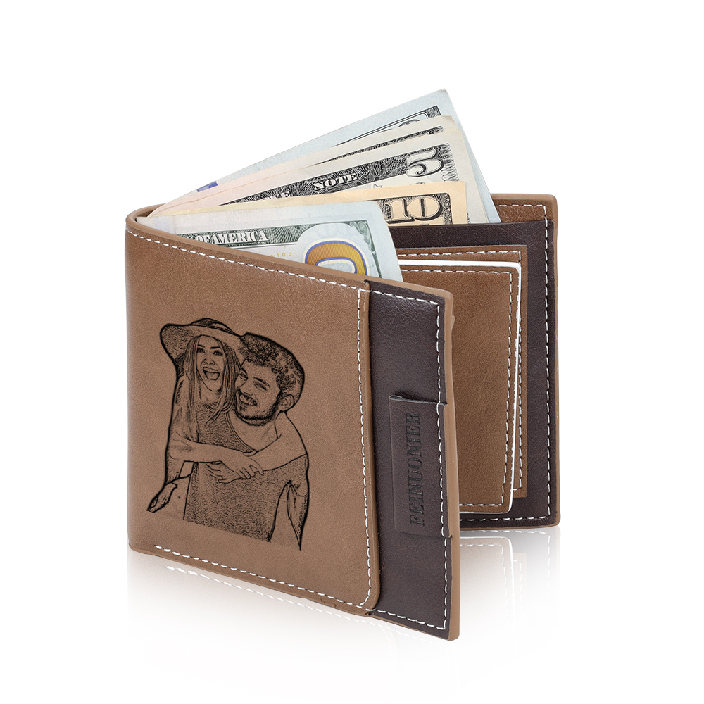 Brown Personalized Leather Wallet Engraved Photo Short Purse Folding Wallet Gifts For Men