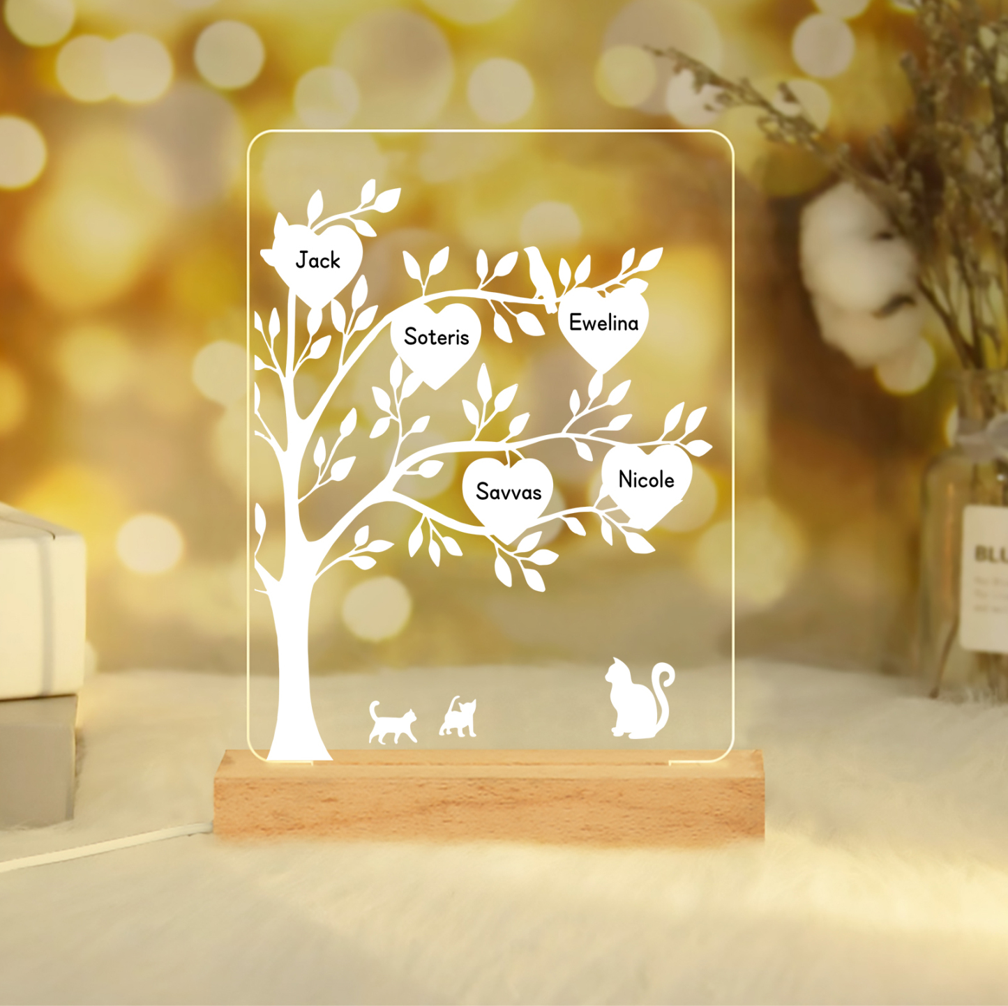 5 Names - Personalized Leaf Style Night Light With Custom Text LED Light Gift For Family