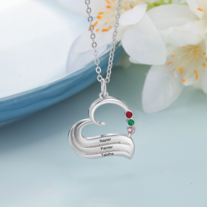 3 Names-Personalized Special Heart Necklace with Birthstone and Name for Her