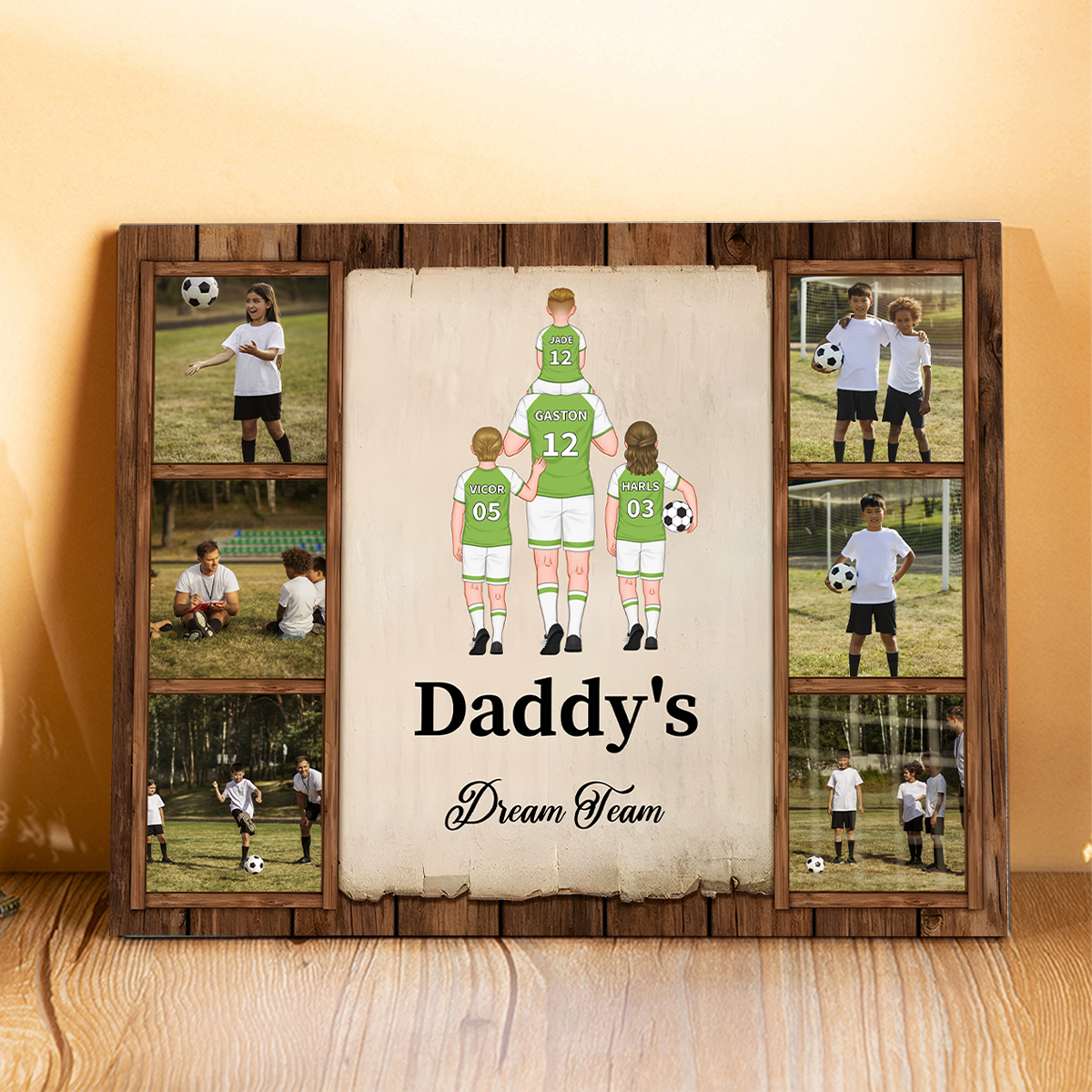 To My Dad - Wood Frame Dad's Football Team 2-9 Personalized Names with Text and 6 Photos