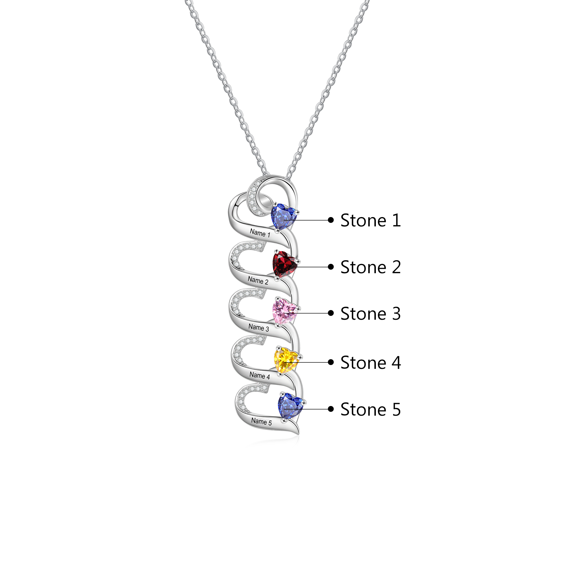 5 Names-Personalized Hearts Necklace Custom Birthstone Necklace Engraved Names Special Gifts for Her