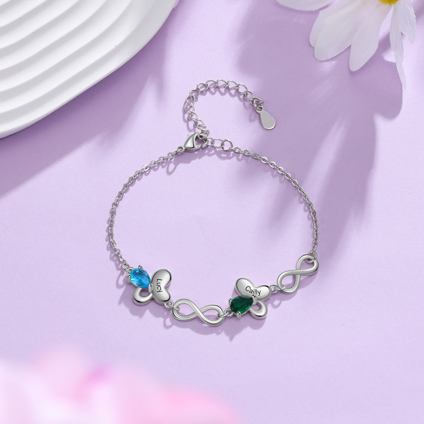 Personalized Butterfly Bracelet With 2 Birthstones Custom Names Bracelet Gift For Women