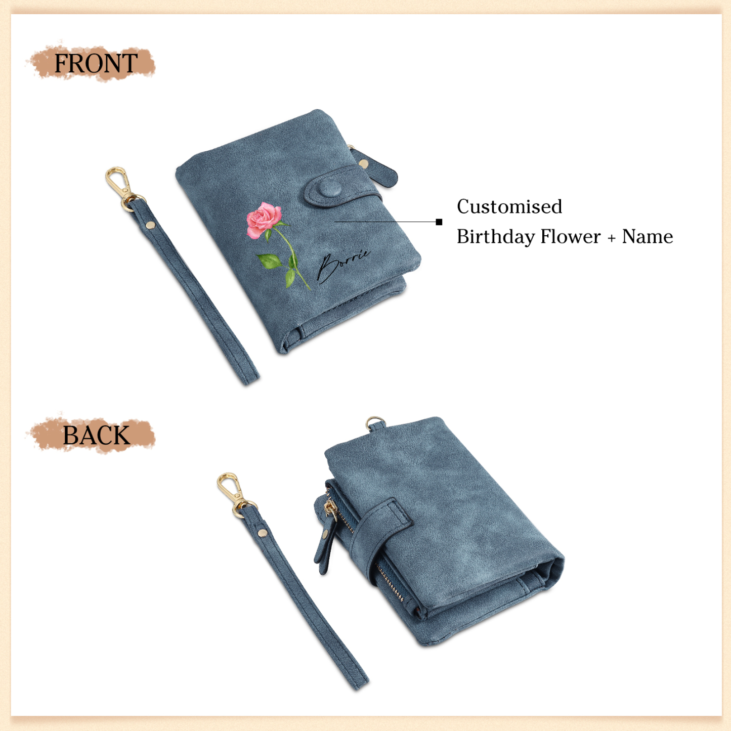 Blue Color Personalized Birthday Flower Leather Wallet Engraving Name Wallet Gifts for Women