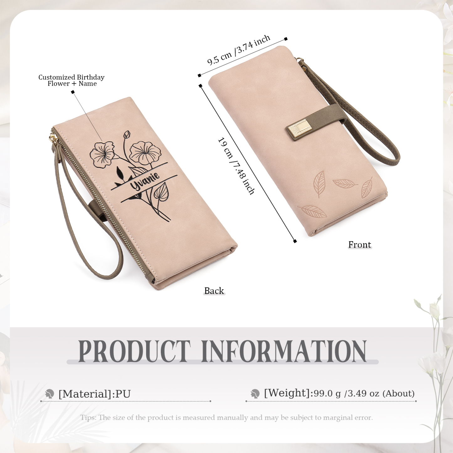 Personalized Women's Wallet Customized Birth Flower and Name Zipper Women's Wallet