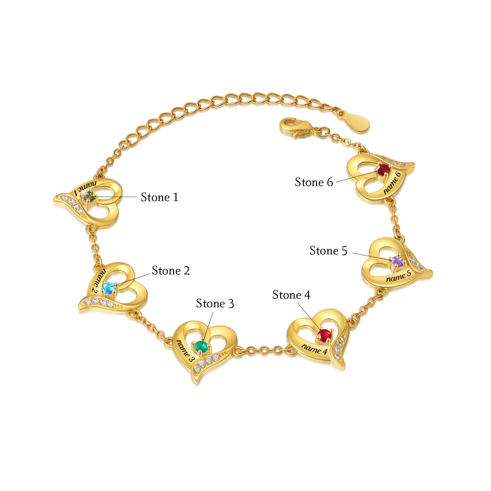 6 Names-Personalized Heart Bracelet With 6 Birthstones Engraved Names Bangle For Her