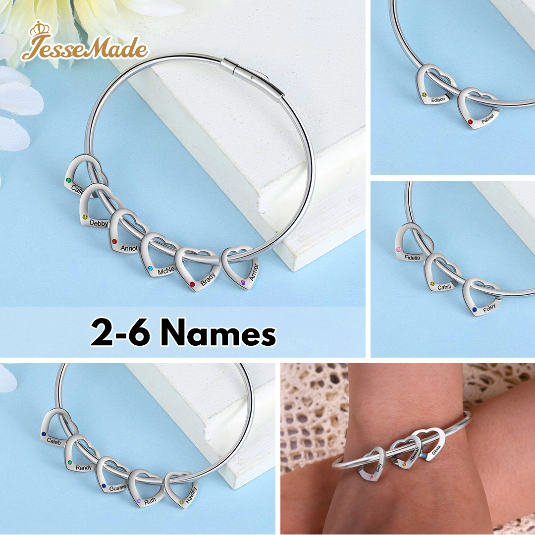 6 Names-Personalized Heart Bracelet With 6 Birthstones Bangle Engraved Names Bracelet Gift For Women