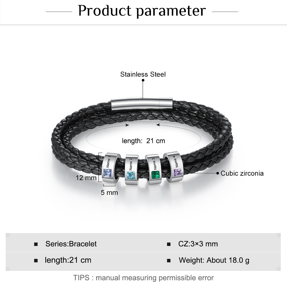 Personalized 3 Layer Leather Bracelet with 4 Beads Engraved Names Men's Bracelets for Him