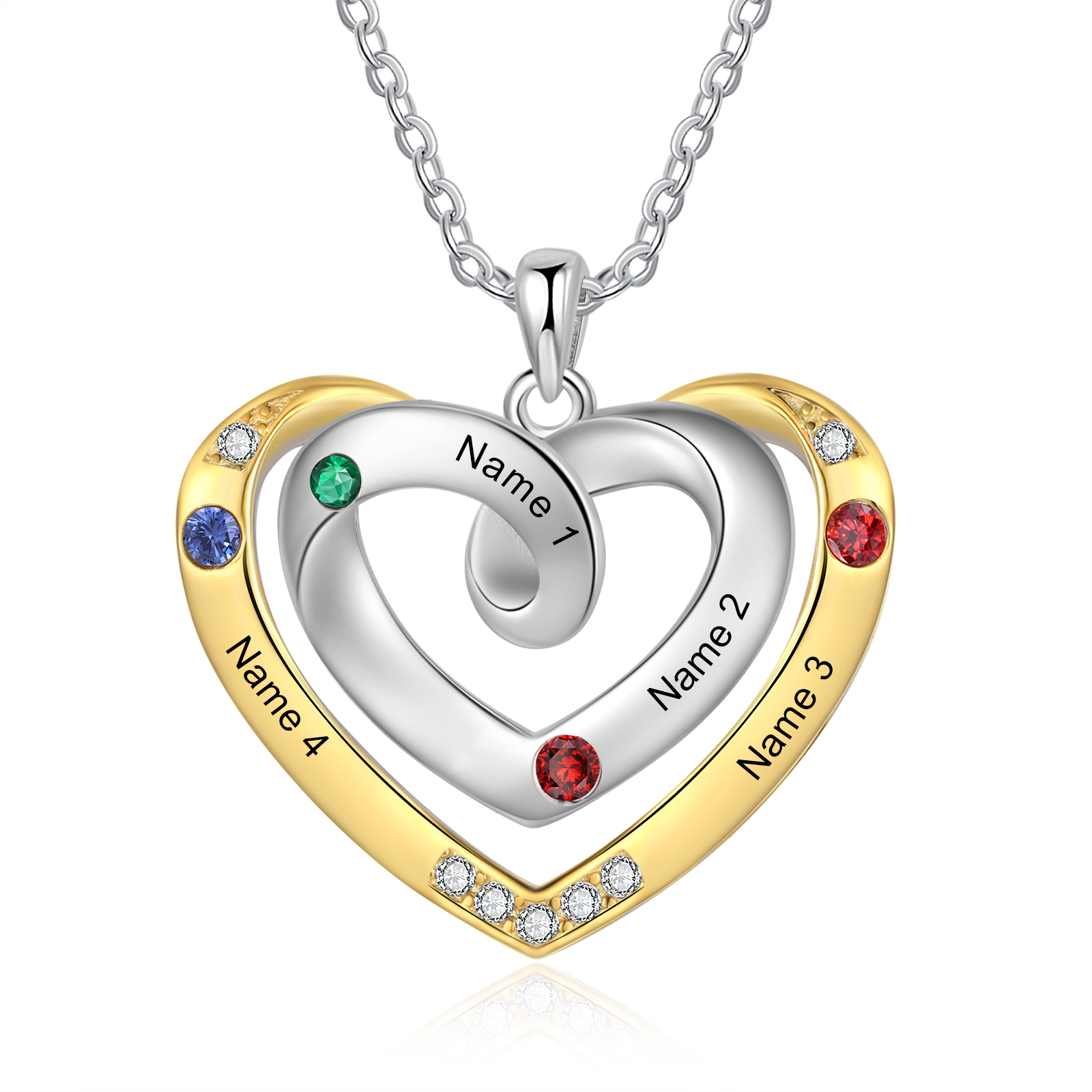 4 Names - Personalized Heart Necklace with Customized Names and Birthstone, A Perfect and Exquisite Gift for Her