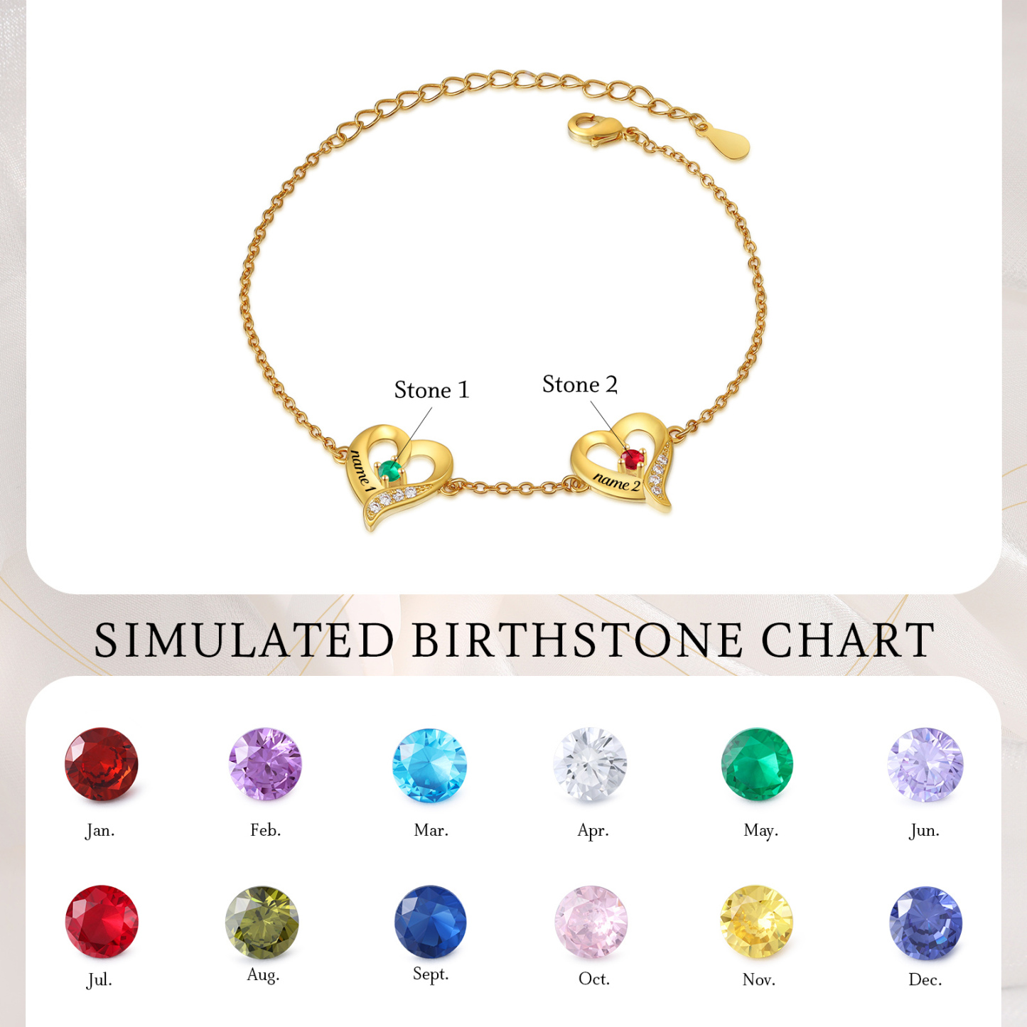 2 Names-Personalized Heart Bracelet With 2 Birthstones Engraved Names Bangle For Her