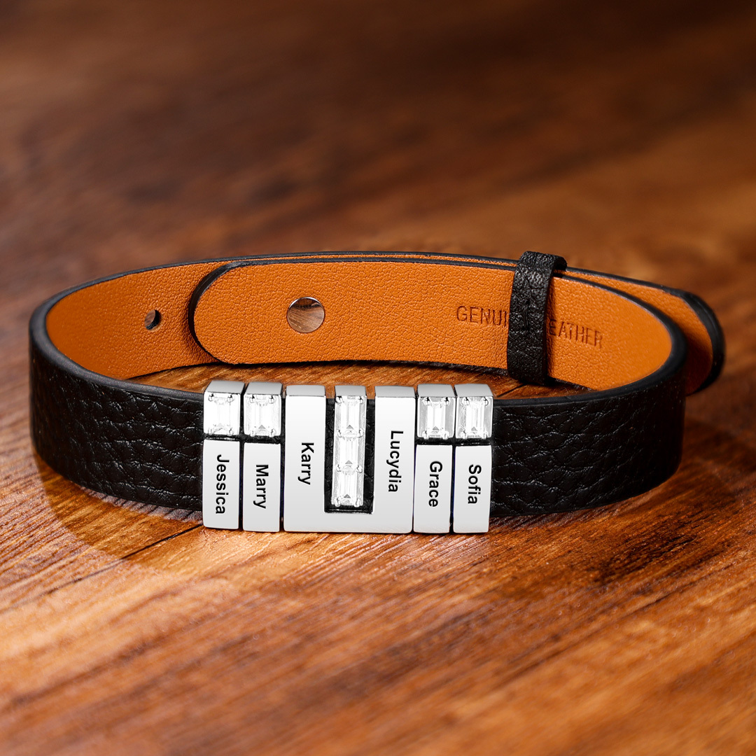 Customized Leather Bracelet with Beads Engraved 4 Names Bangle for Him