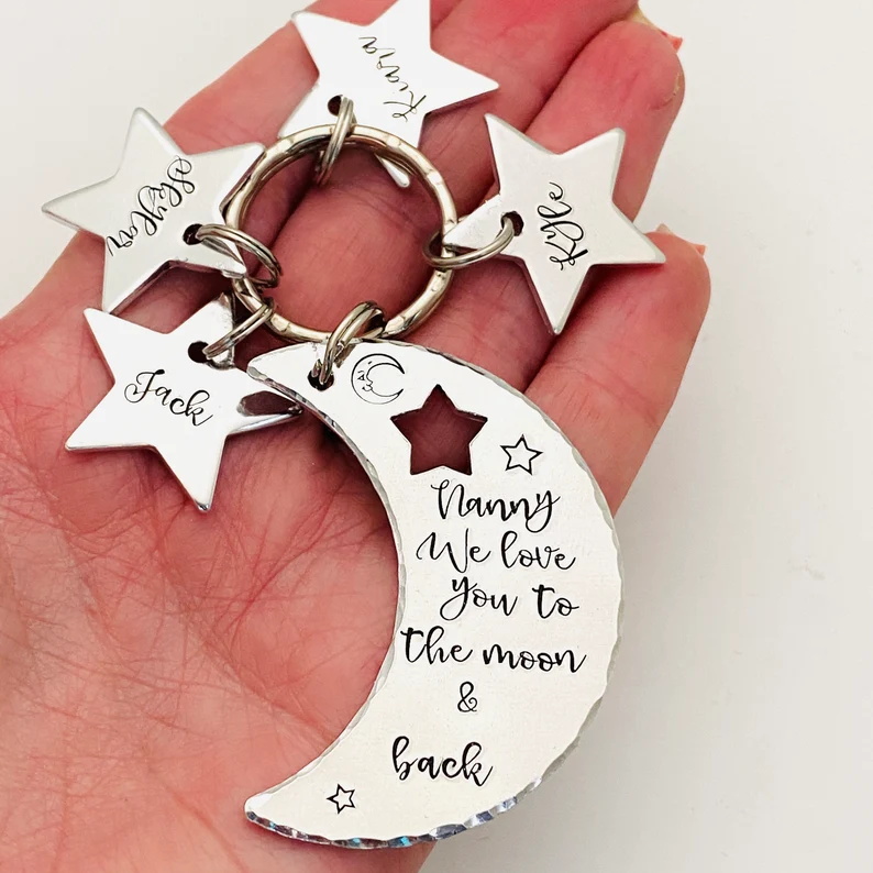 Personalized Nanny Keychain Custom 1 Name Moon and Star Keyring "we love you to the moon & back" for Her