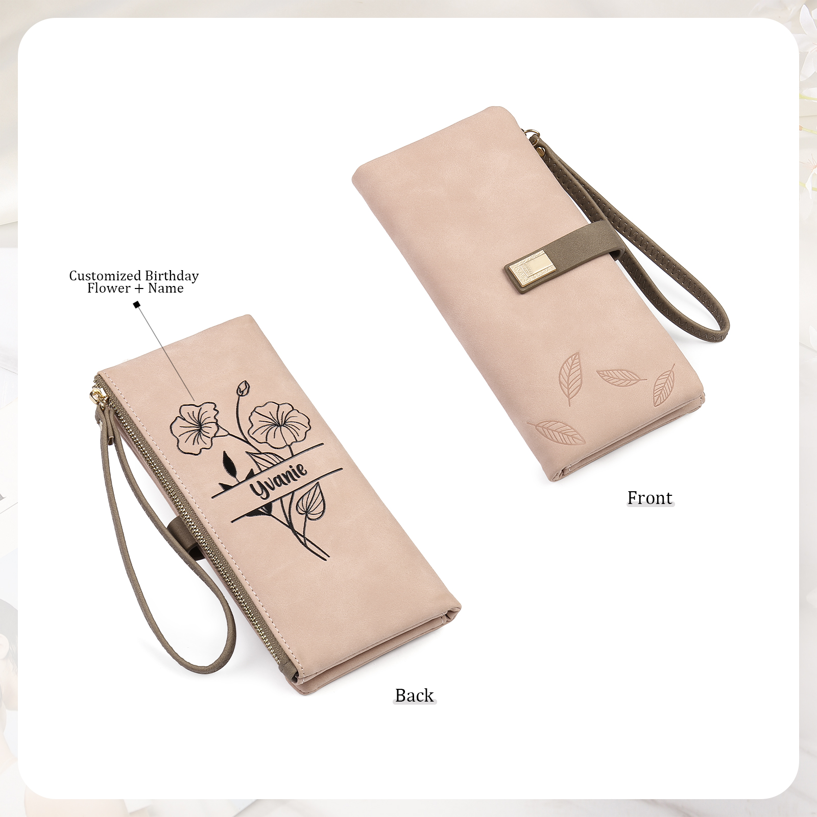 Personalized Women's Wallet Customized Birth Flower and Name Zipper Women's Wallet